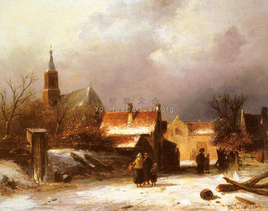 Figures on a snow covered Path with a Dutch Town beyond - 查尔斯·亨利·约瑟夫·雷克尔特